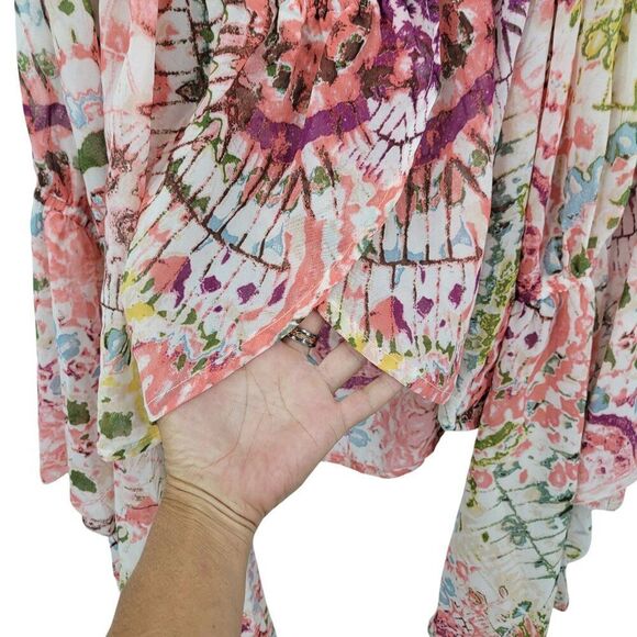 Sheer Floral Off-The-Shoulder Crop Top Angel Sleeves Sz XL Boho Festival India - Picture 5 of 7